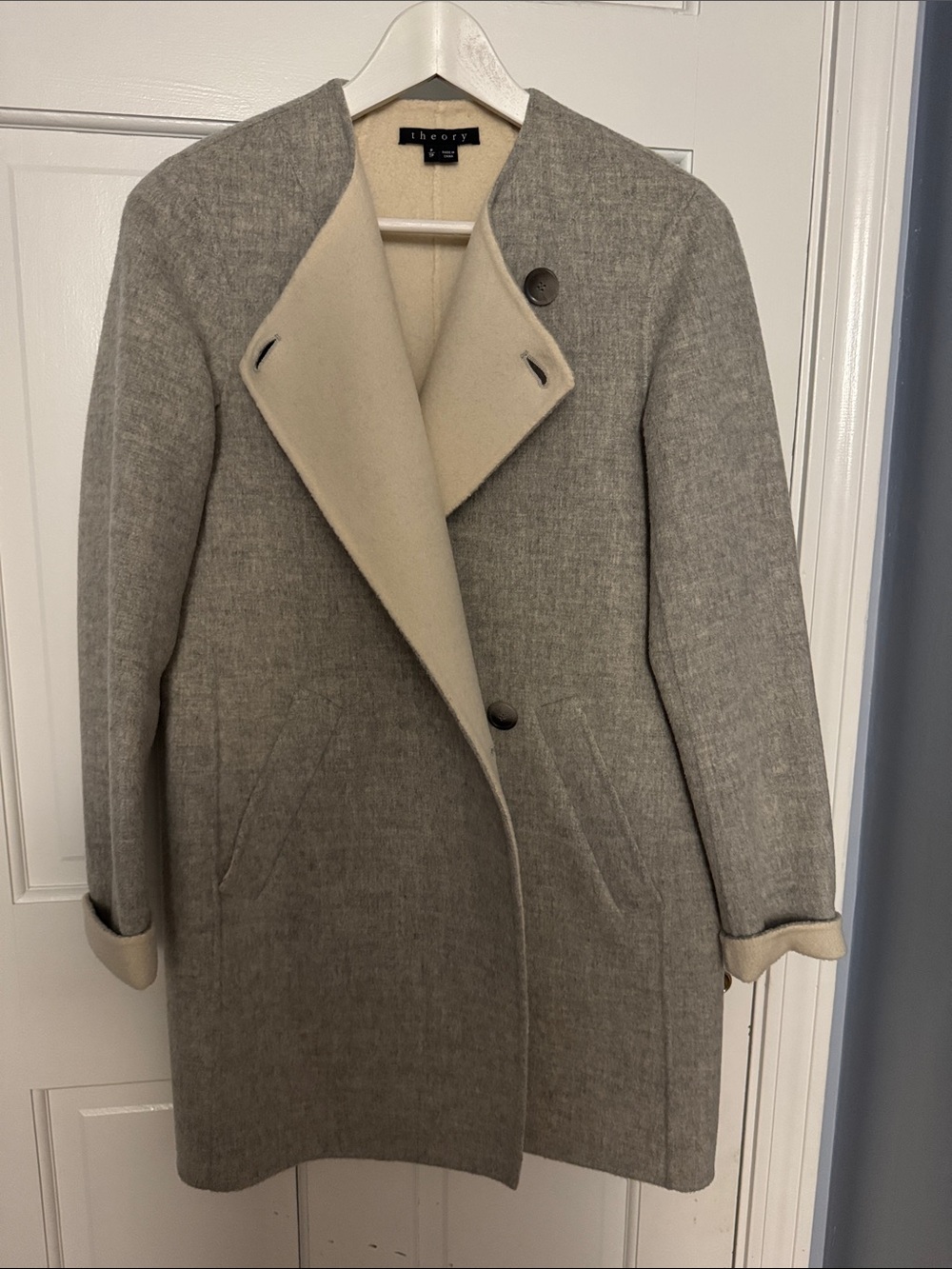Theory Reversible Wool Coat in Gray and Cream